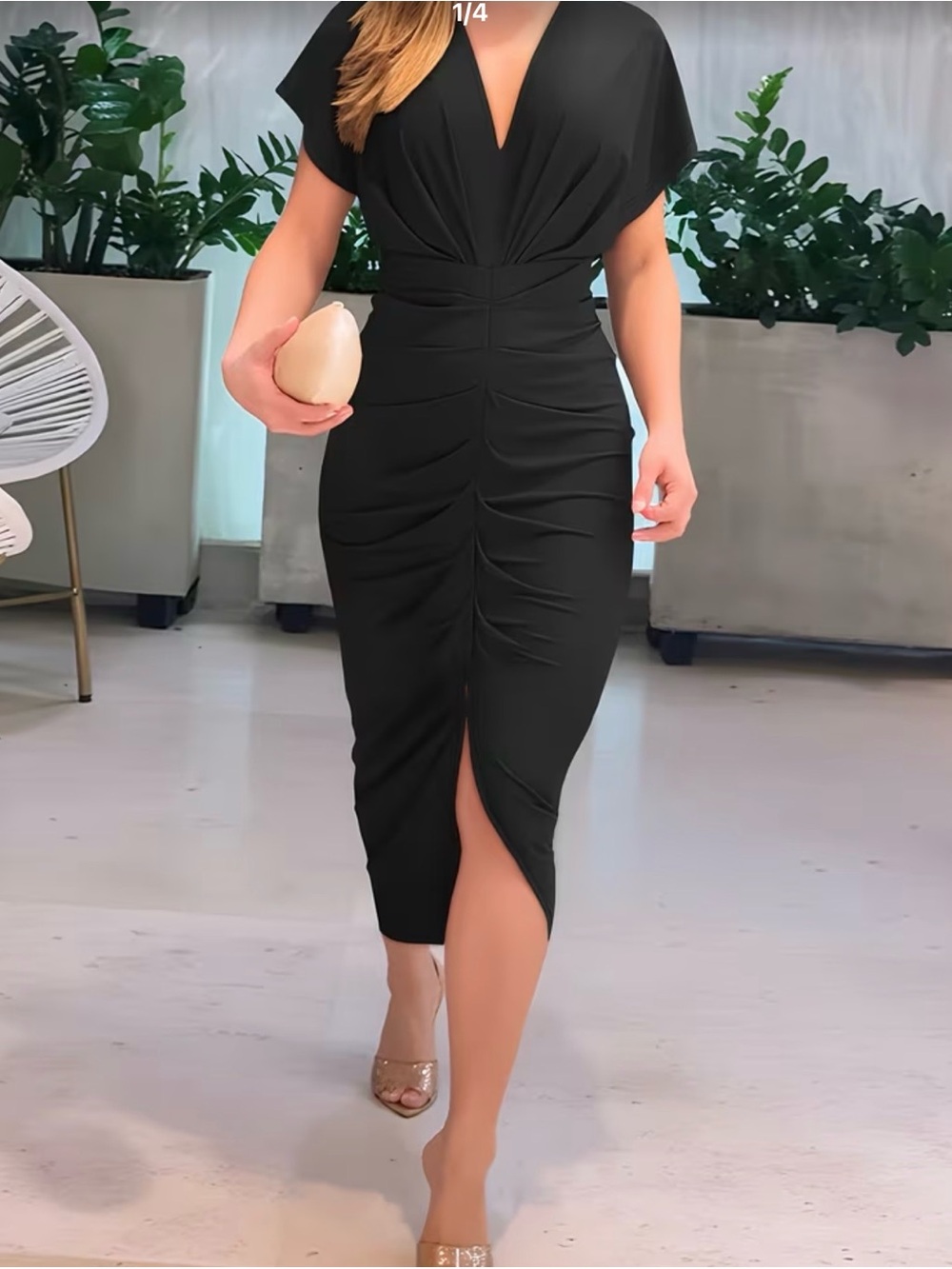 Classic Black Ruched V-Neck Midi Dress